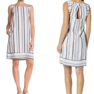 Sharagano 16 Linen Rayon Dress Sun Sleeveless Blue White Cream Stripe Beach